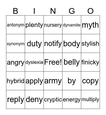 Y as a vowel bingo! Bingo Card