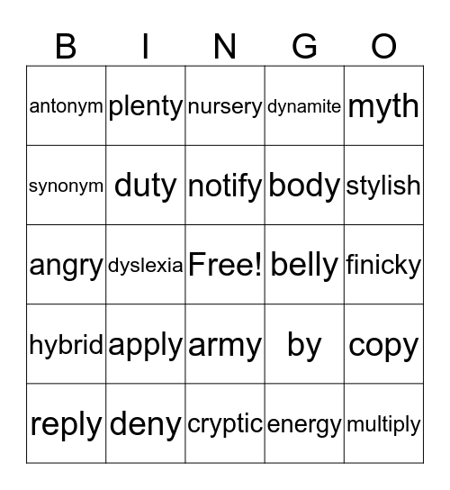 Y as a vowel bingo! Bingo Card