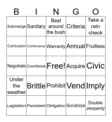 Vocabulary Review II Bingo Card