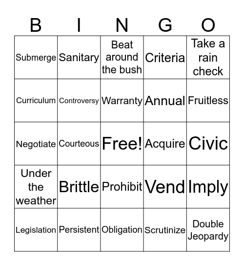 Vocabulary Review II Bingo Card