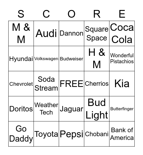 Superbowl Commercial Bingo Card