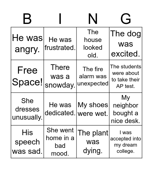 Show Vs. Tell Bingo Card