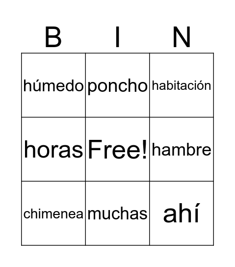 Palabras con h,ch Bingo Card