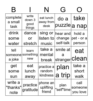 Resilience Bingo Card