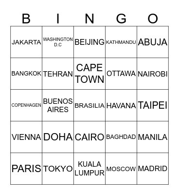 COUNTRIES AND CAPITALS Bingo Card