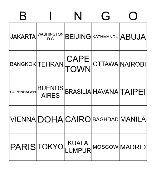COUNTRIES AND CAPITALS Bingo Card