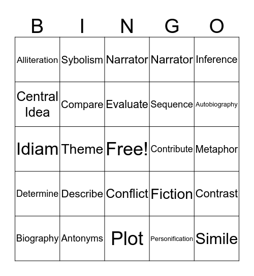 ELA Vocabulary Bingo Card