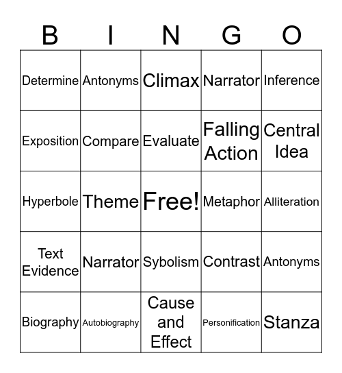 ELA Vocabulary Bingo Card