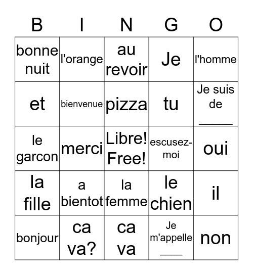 French Bingo Card