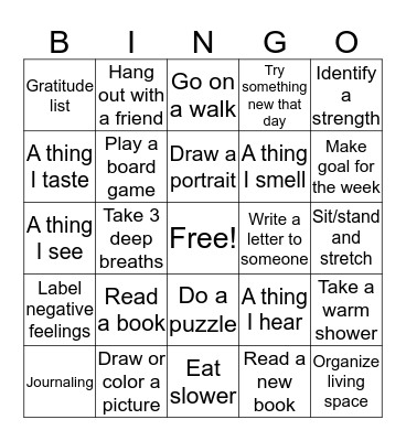 Mindfulness Bingo Card