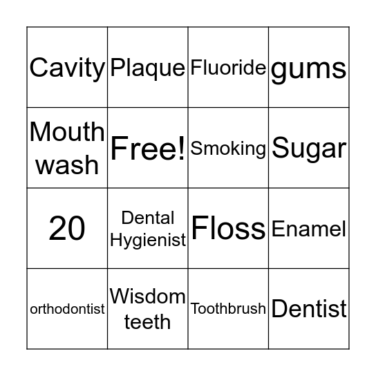 Dental Health Bingo Card