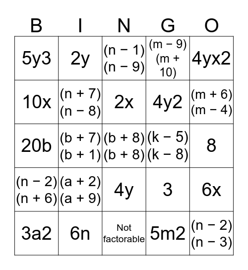 GCF/Factoring Bingo Card