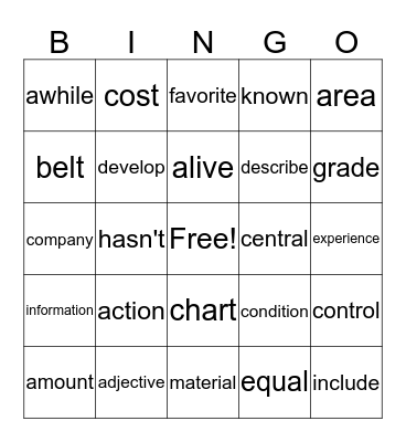 Sight Word Bingo Card