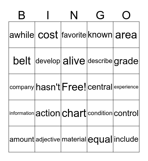 Sight Word Bingo Card