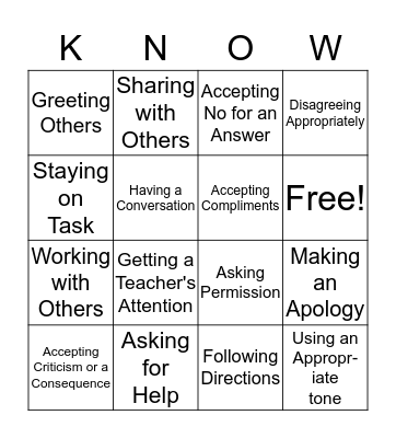 Knowing your Social Skills Bingo Card