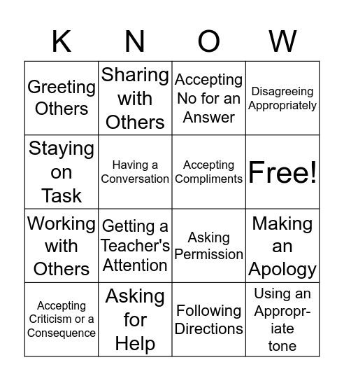 Knowing your Social Skills Bingo Card