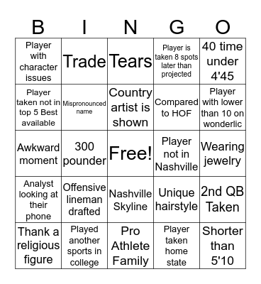 NFL Draft  Bingo Card