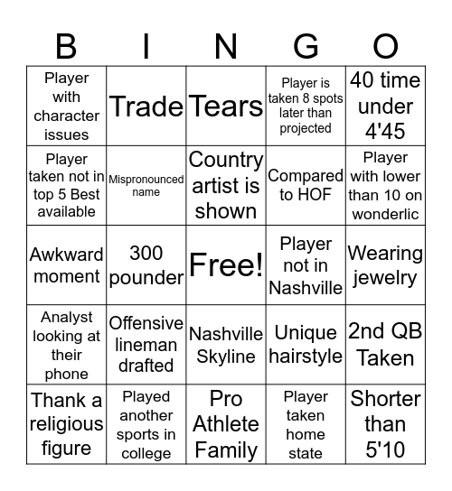 NFL Draft  Bingo Card