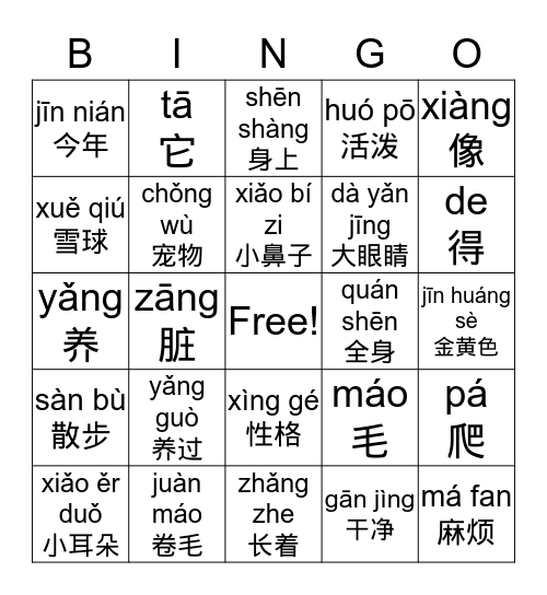 动物 Bingo Card