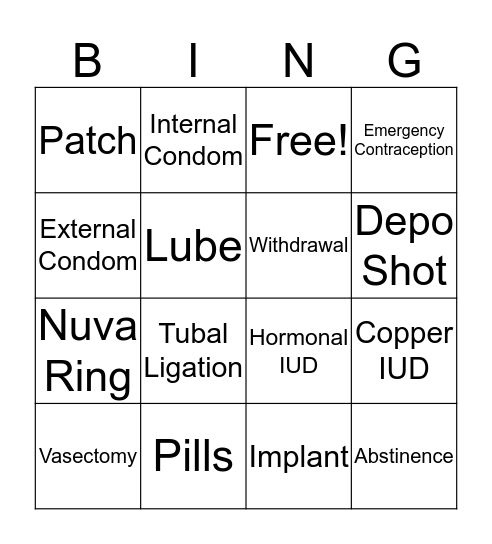 Birth Control Bingo Card