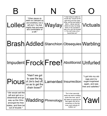 Huck Finn Bingo Card