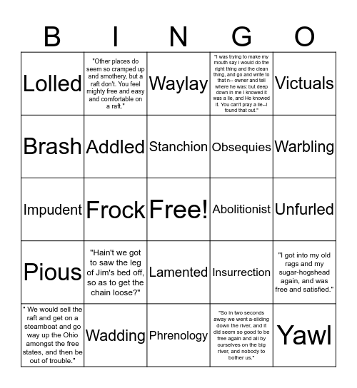 Huck Finn Bingo Card