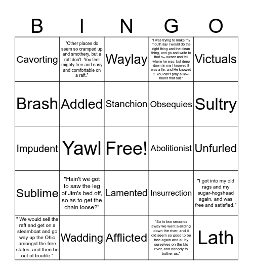 Huck Finn Bingo Card