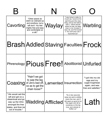 Huck Finn Bingo Card