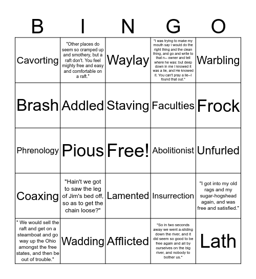 Huck Finn Bingo Card