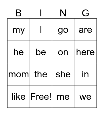 Kindergarten Sight Words Bingo Card