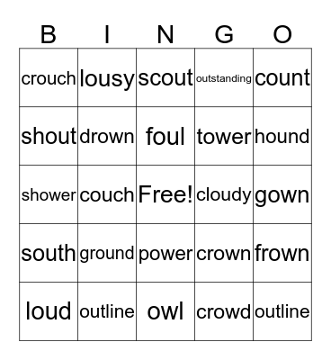 Vowel Teams ou/ow Bingo Card