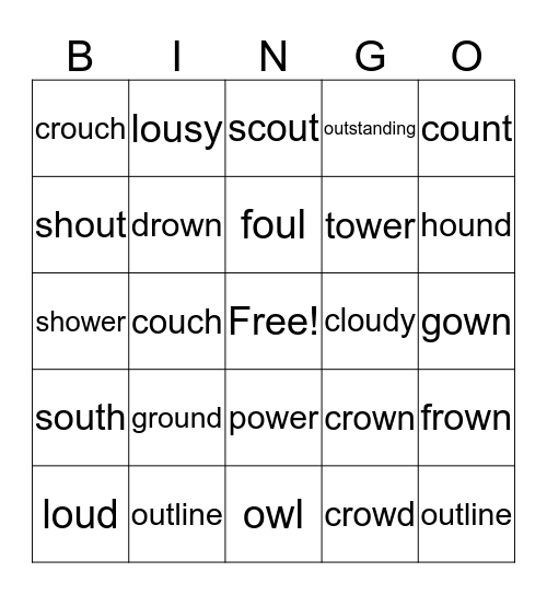 Vowel Teams ou/ow Bingo Card