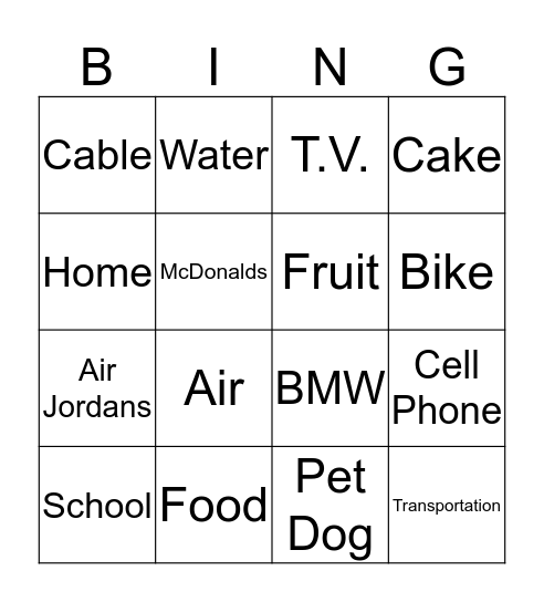 Wants Vs. Needs Bingo Card