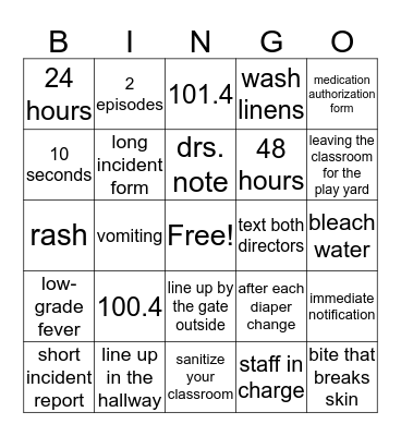 Health & Safety Bingo Card