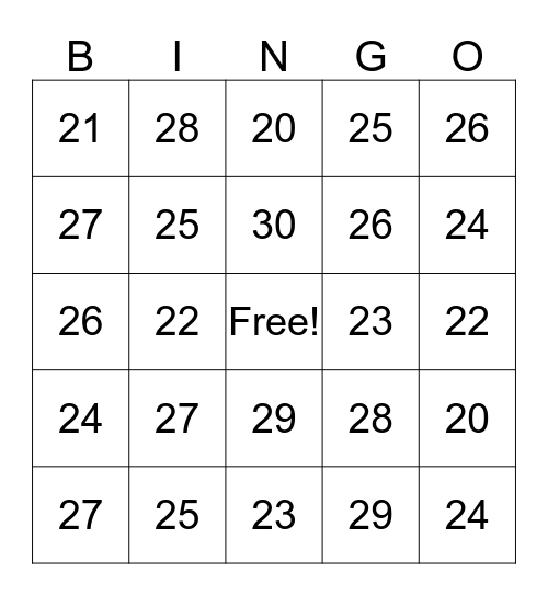 Numbers 20-30 Bingo Card