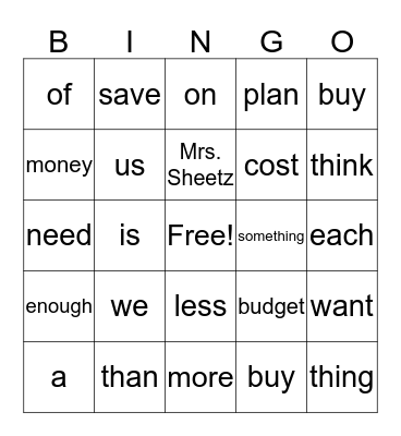 Right on the Money Bingo Card
