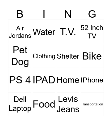 Wants Vs. Needs Bingo Card