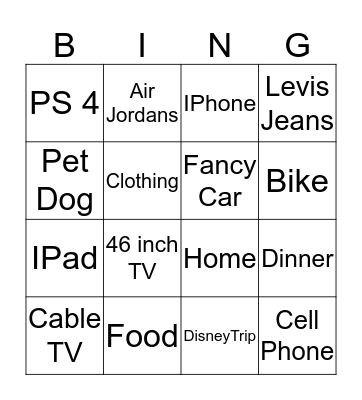 Wants Vs. Needs Bingo Card