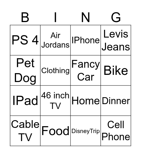 Wants Vs. Needs Bingo Card