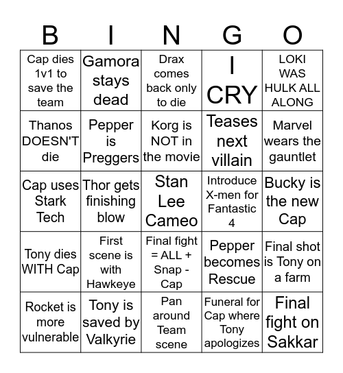 Endgame Bingo Card