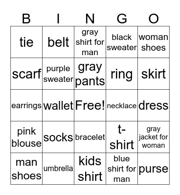 Clothes Bingo Card