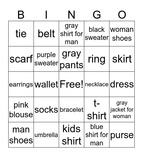 Clothes Bingo Card