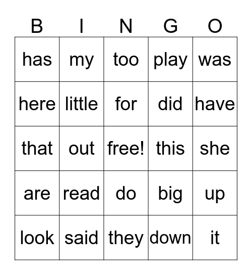 Kindergarten words part 2 Bingo Card