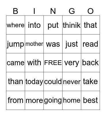 Sight Word Bingo Card
