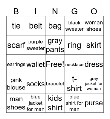 Clothes Bingo Card