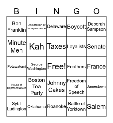 Early America Bingo Card