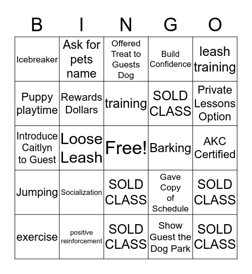 Dog Training Bingo Card