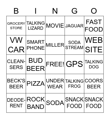 Super Bowl Ad Bingo Card