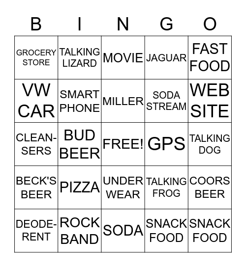 Super Bowl Ad Bingo Card