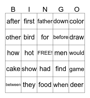 Sightword Bingo Card